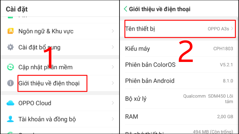 Thao tác kiểm tra tên điện thoại OPPO qua mục Cài đặt Thao tác kiểm tra tên điện thoại OPPO qua mục Cài đặt